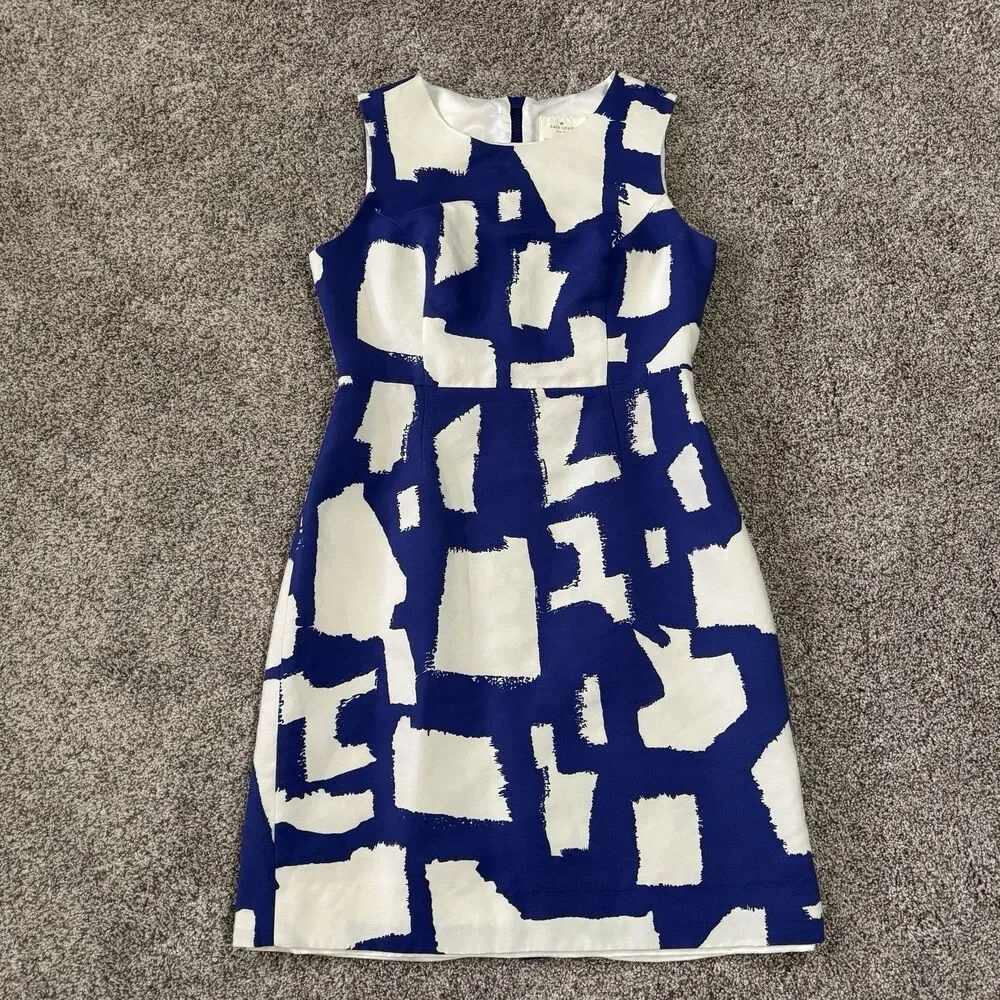 Kate Spade Abstract Print Cobalt White Cotton Silk Lined Dress Zip Size 10 - Picture 3 of 10